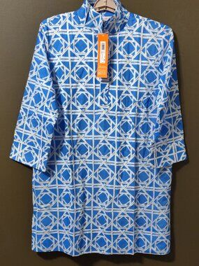 Jude Connally Helen Dress Bamboo Rattan Harbor Blue LARGE NEW WITH TAGS